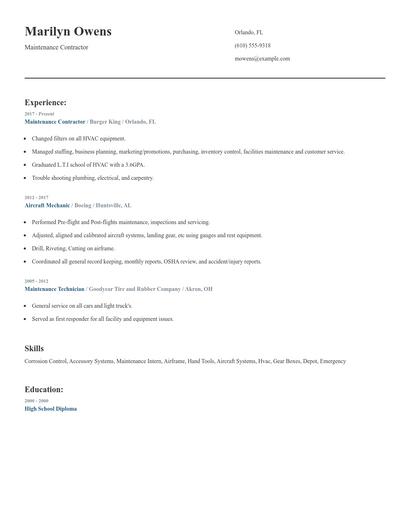 Maintenance Contractor Resume