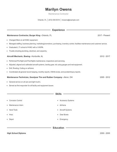 Maintenance Contractor Resume