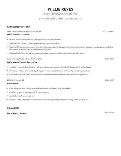 Maintenance Craftsman Resume