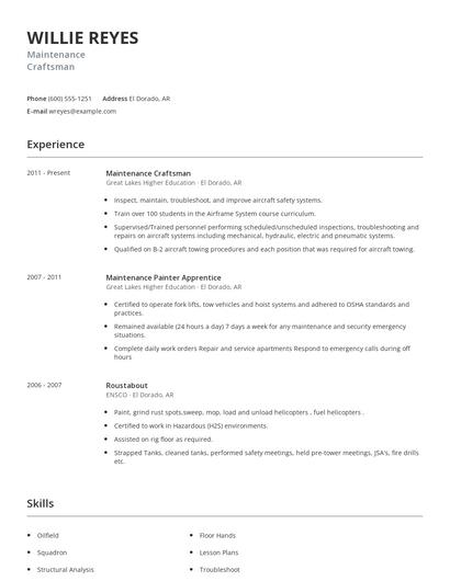 Maintenance Craftsman Resume
