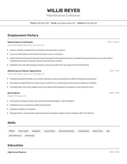Maintenance Craftsman Resume