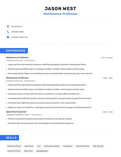 Maintenance Craftsman Resume