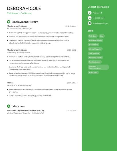 Maintenance Craftsman Resume