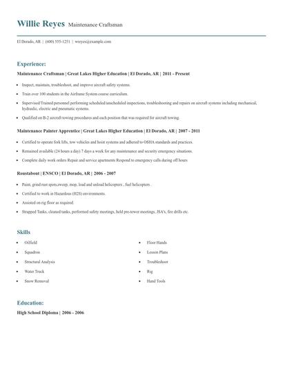 Maintenance Craftsman Resume