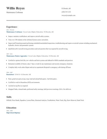 Maintenance Craftsman Resume