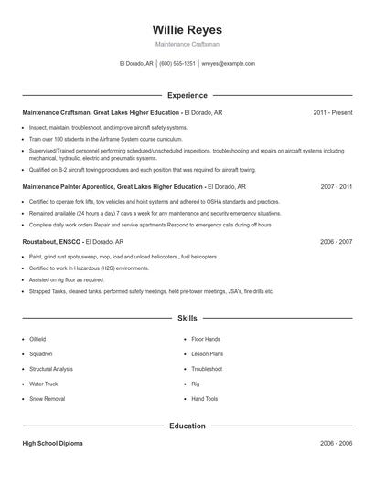 Maintenance Craftsman Resume