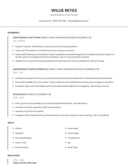 Maintenance Craftsman Resume