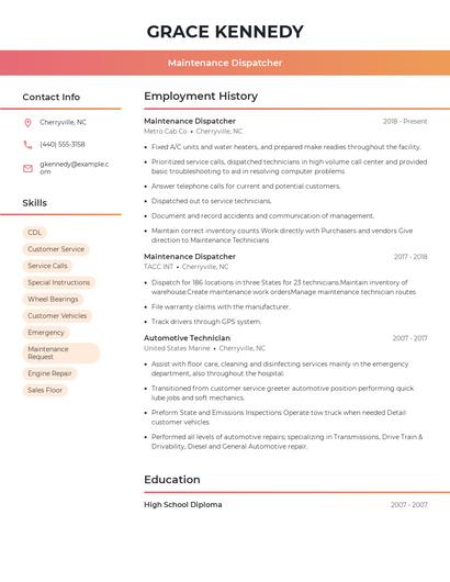 Maintenance Dispatcher Resume