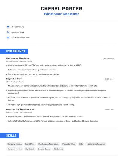 Maintenance Dispatcher Resume