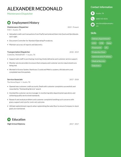 Maintenance Dispatcher Resume