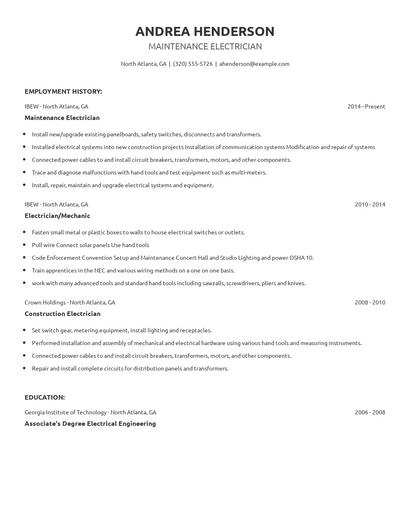 Maintenance Electrician Resume