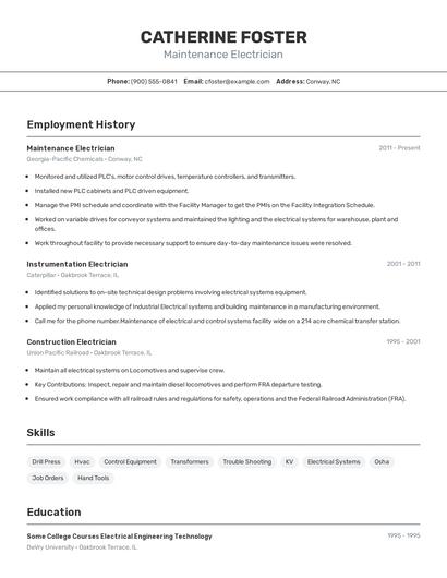 Maintenance Electrician Resume