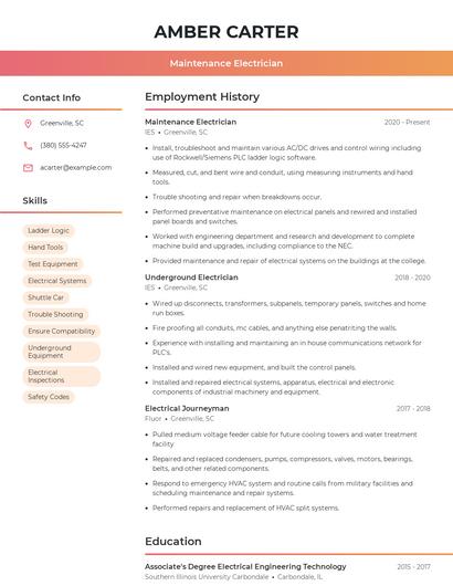 Maintenance Electrician Resume