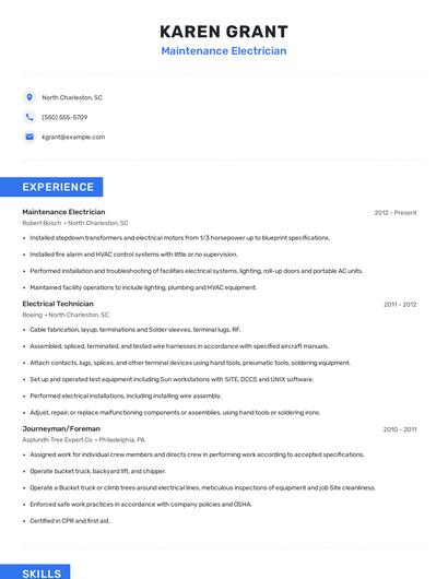 Maintenance Electrician Resume