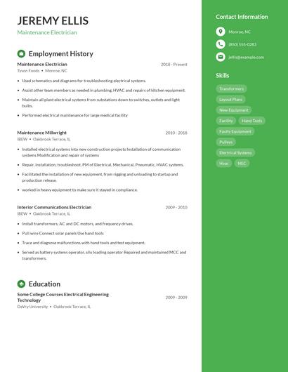 Maintenance Electrician Resume