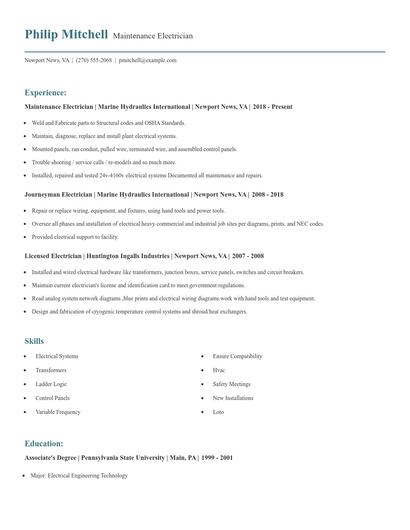 Maintenance Electrician Resume