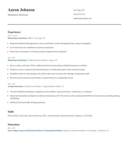 Maintenance Electrician Resume