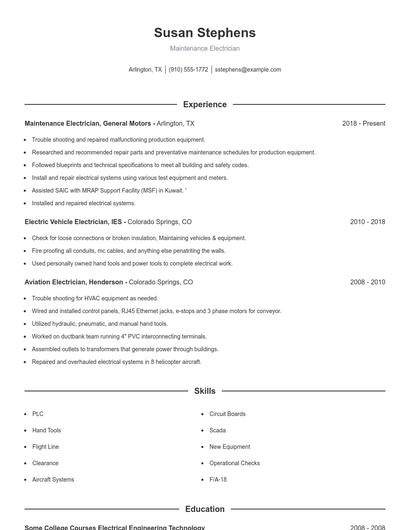 Maintenance Electrician Resume