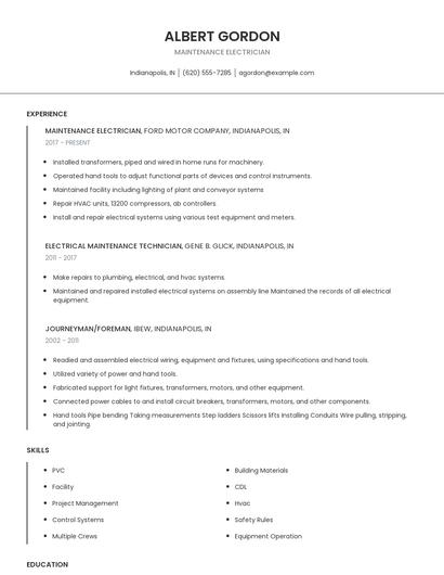 Maintenance Electrician Resume