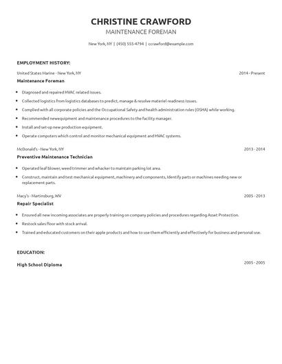 Maintenance Foreman Resume