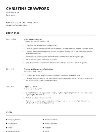 Maintenance Foreman Resume