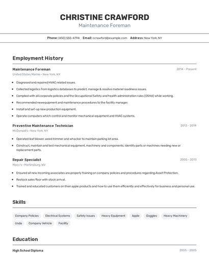 Maintenance Foreman Resume