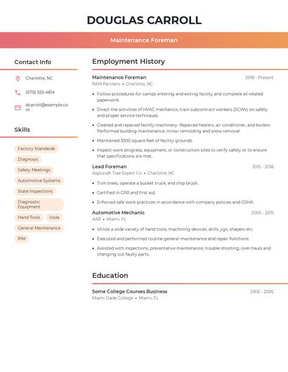 Maintenance Foreman Resume