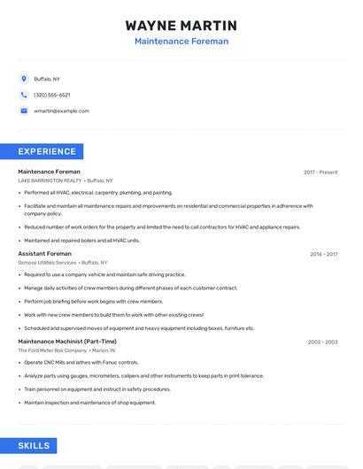 Maintenance Foreman Resume