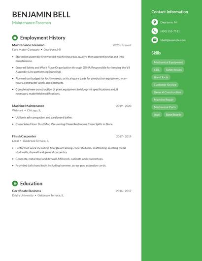 Maintenance Foreman Resume