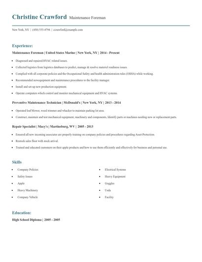 Maintenance Foreman Resume