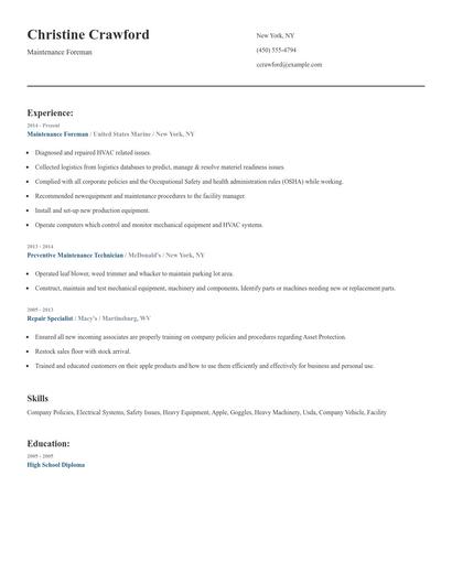 Maintenance Foreman Resume