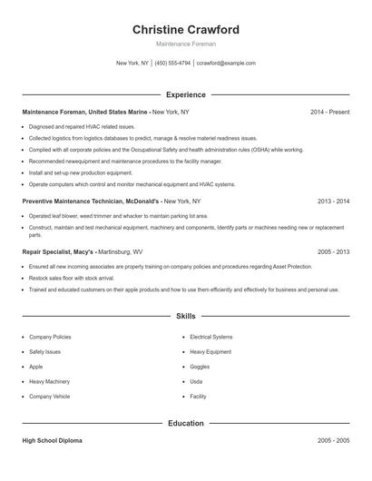Maintenance Foreman Resume