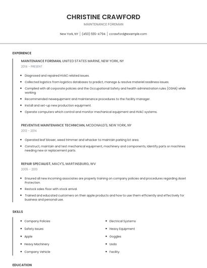 Maintenance Foreman Resume