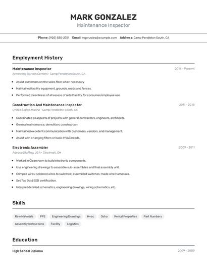 Maintenance Inspector Resume