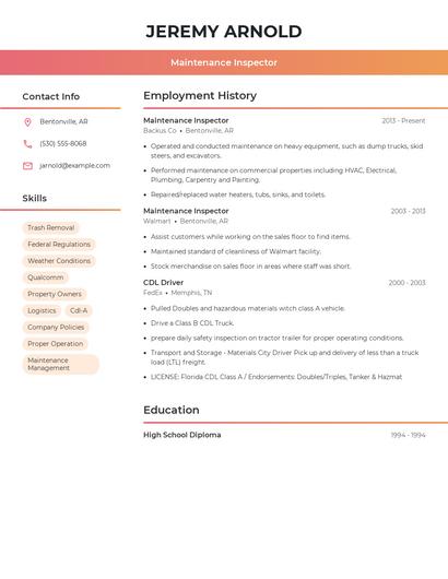 Maintenance Inspector Resume