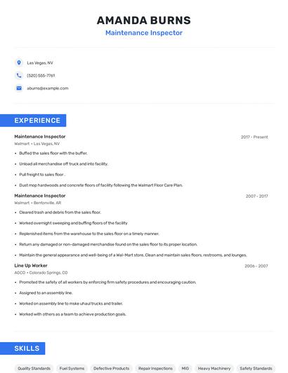 Maintenance Inspector Resume