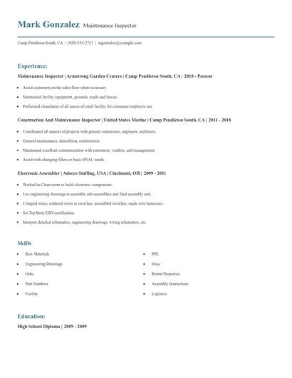 Maintenance Inspector Resume