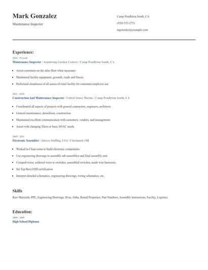 Maintenance Inspector Resume