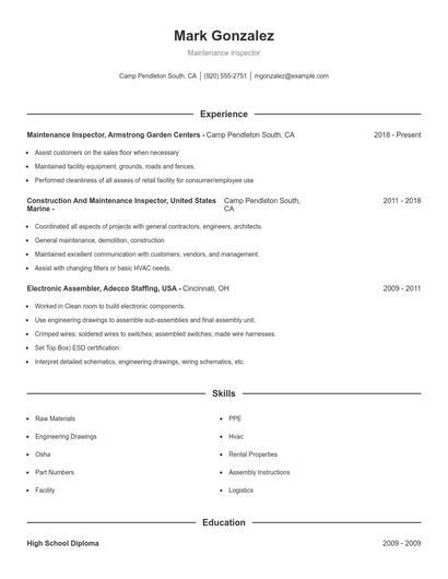 Maintenance Inspector Resume