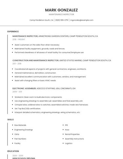 Maintenance Inspector Resume
