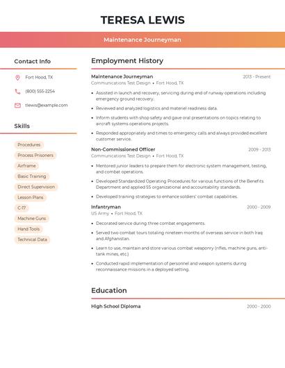 Maintenance Journeyman Resume