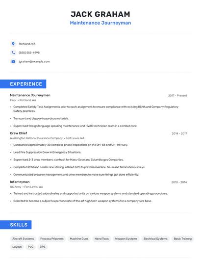 Maintenance Journeyman Resume