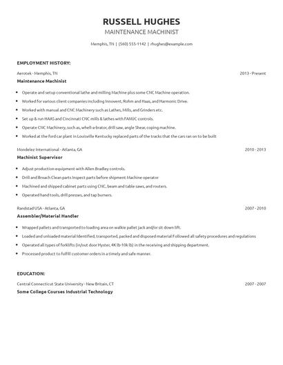 Maintenance Machinist Resume
