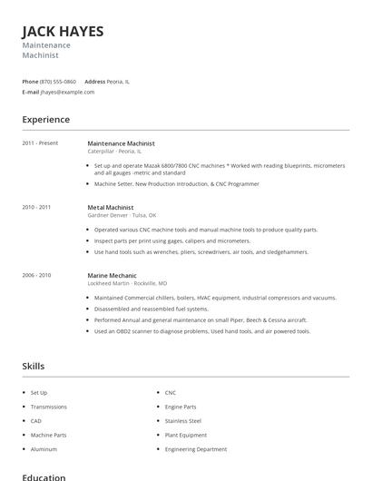 Maintenance Machinist Resume