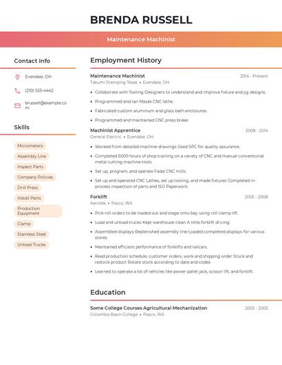 Maintenance Machinist Resume
