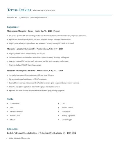 Maintenance Machinist Resume