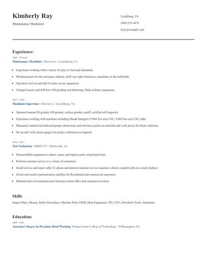 Maintenance Machinist Resume