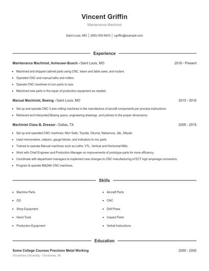 Maintenance Machinist Resume
