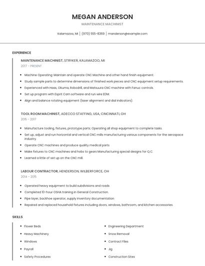 Maintenance Machinist Resume