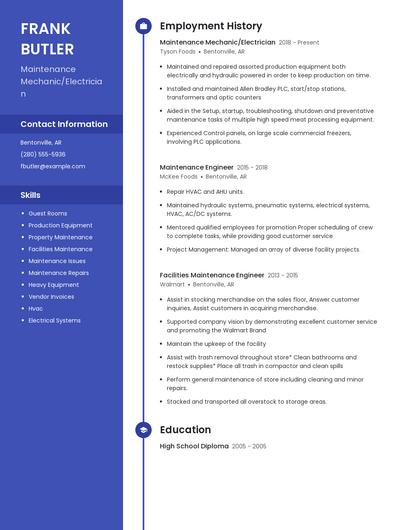 Maintenance Mechanic/Electrician Resume